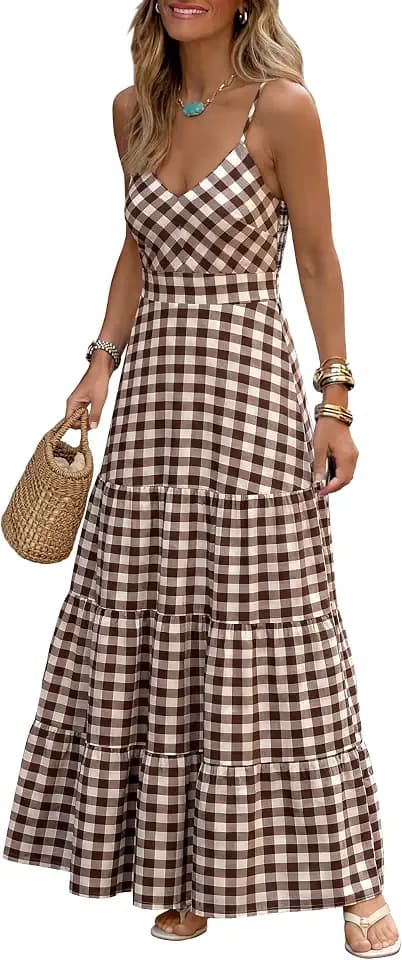 Caracilia Womens Summer Gingham Striped Flowy Spaghetti Strap Maxi Dress