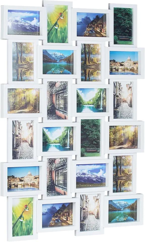 Relaxdays Bilderrahmen für 24 Fotos, 10 x 15, Fotorahmen zum Hängen, Fotocollage gestalten, HBT: 59 x 86 x 2,5 cm, weiß, Plastik, 87 x 60.5 x 3 cm