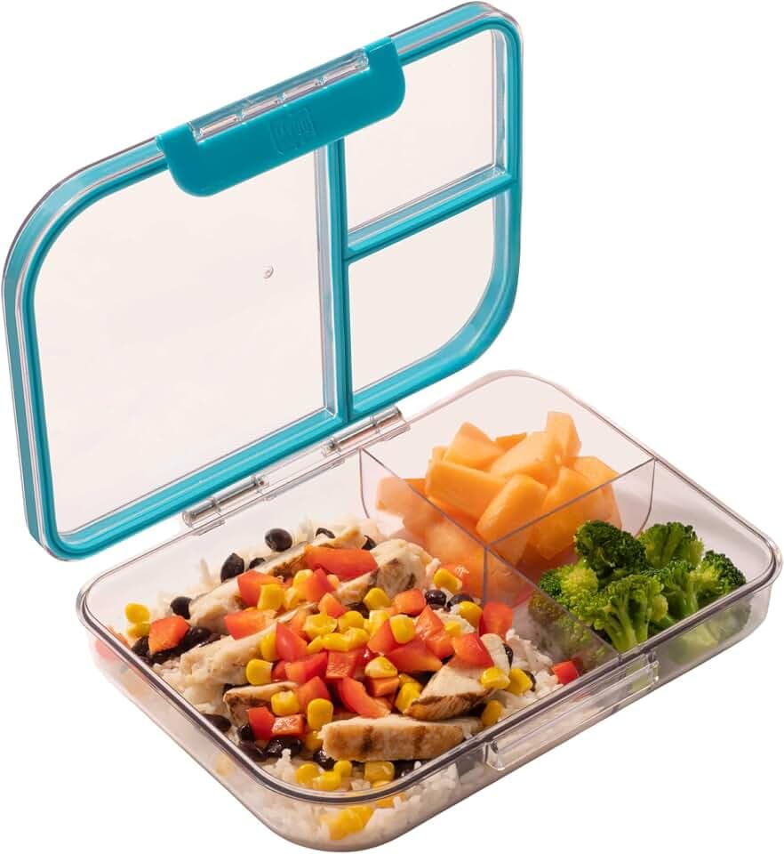 MyGo Pro Rectangular Container, 3-Compartment Clear Heavy Duty Plastic Food Storage Container, Portable Sleek Design, Spill-Resistant with Removable Gasket, 6.25" L X 9" W X 2" H, Dishwasher Safe