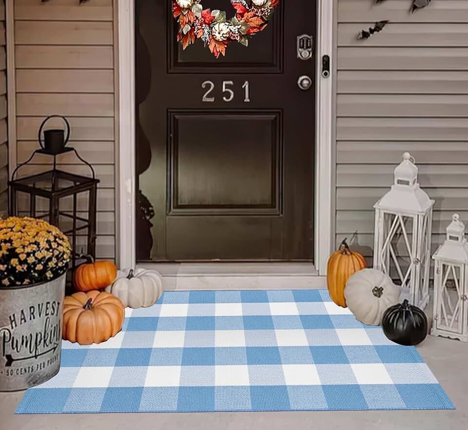 Buffalo Plaid Outdoor Rug 27.5"x43.3",Light Blue White Layered Doormat