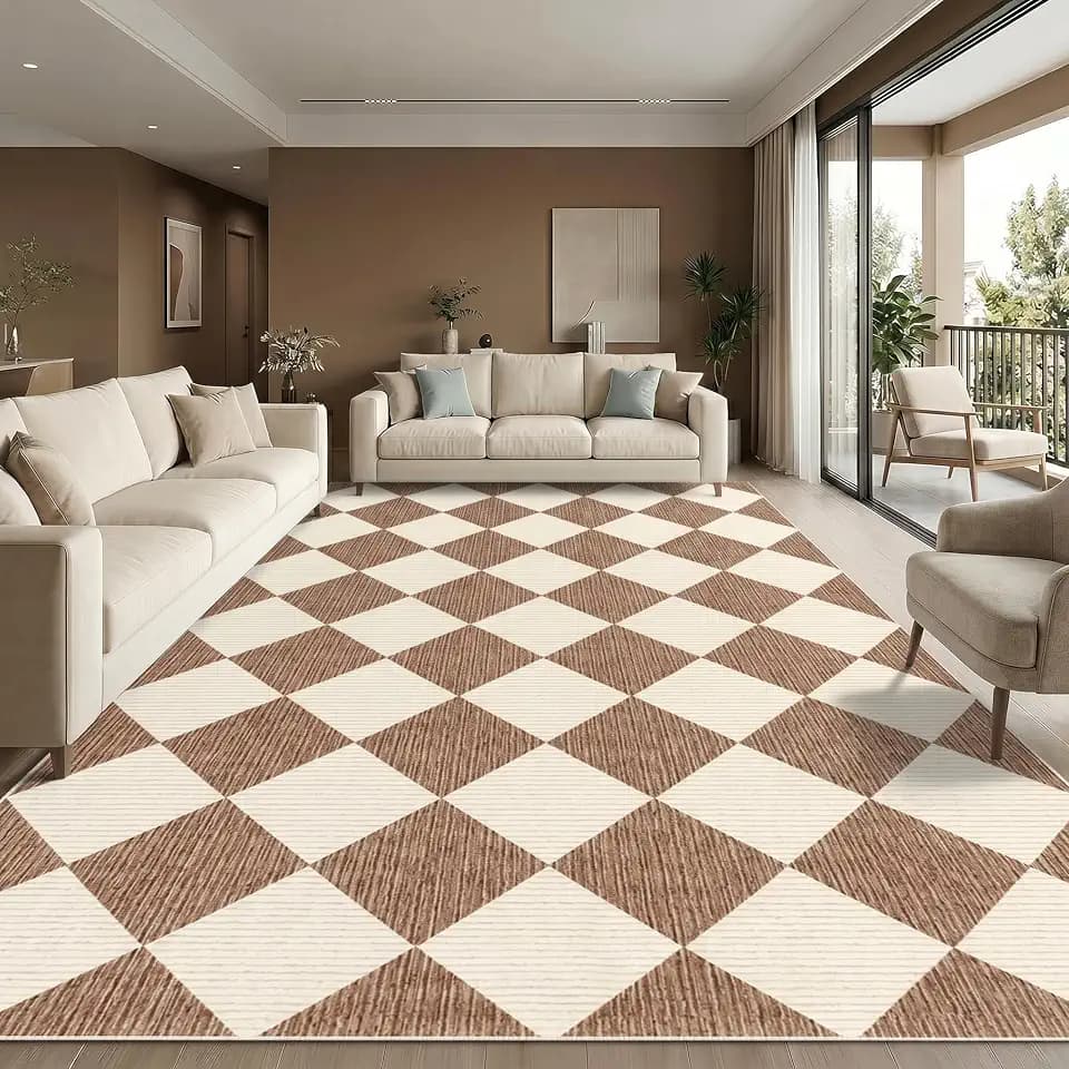 GarveeHome Large Area Rug 9x12 Brown Living Room Checkered Washable Rug