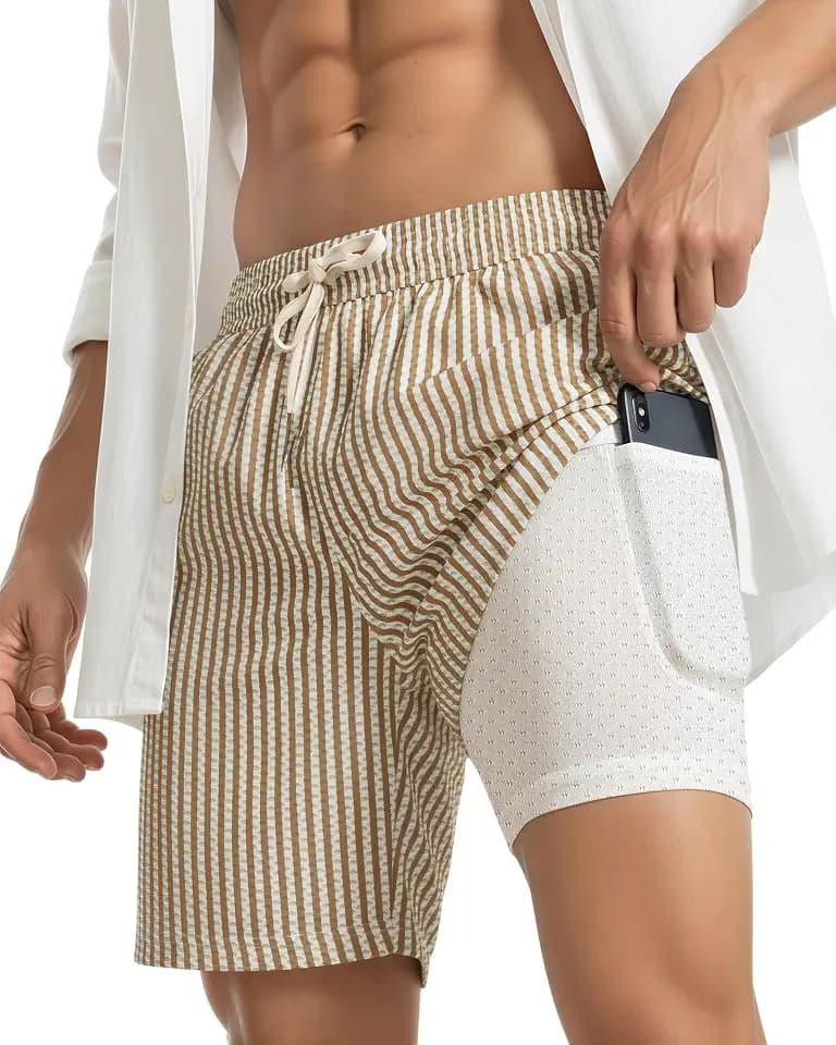 Yufawow 2 in 1 Seersucker Men Swim Trunk with Compression Liner 7 Inches Quick Dry Zipper Pockets for Cruise Beach Pool Board