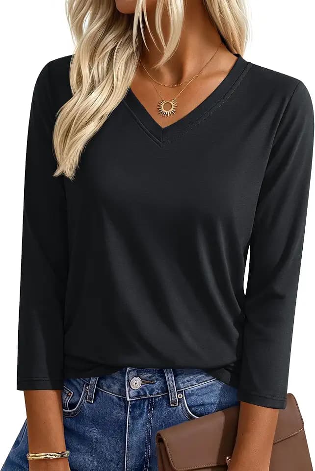 YUCOLEN 3/4 Length Sleeve Womens Tops V Neck Cotton Casual T Shirts