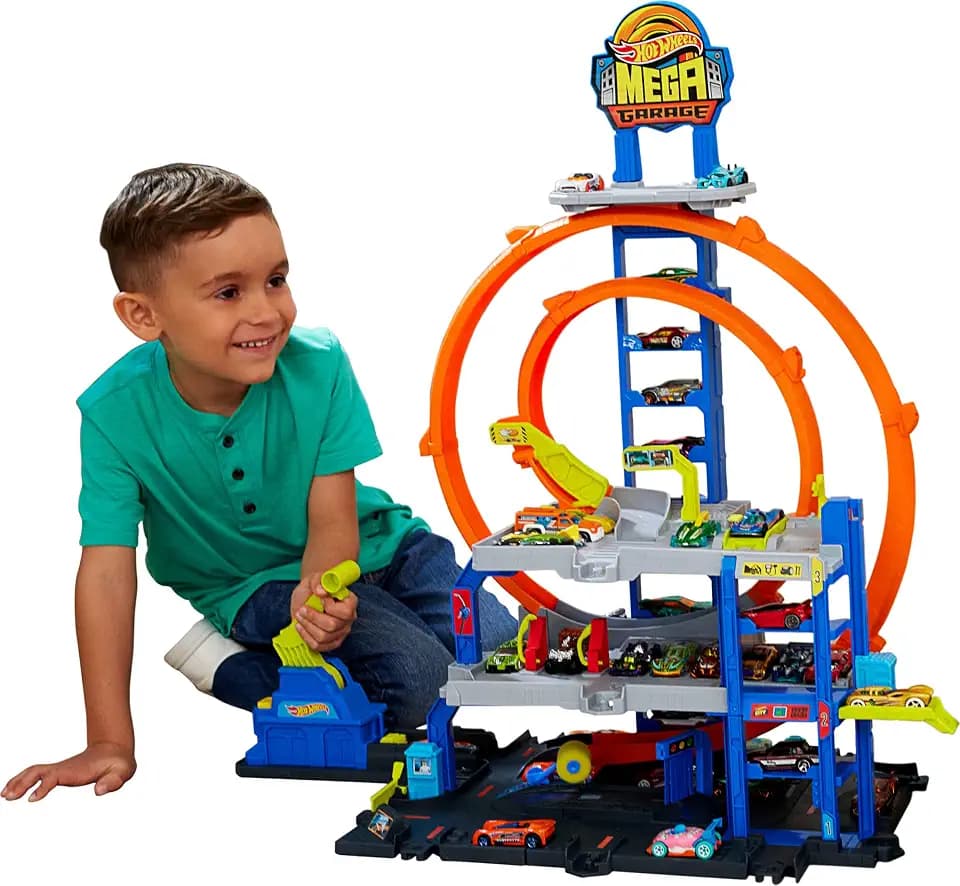 Hot Wheels Mega Loop Garage​​ Track Set with Toy Car & Helicopter