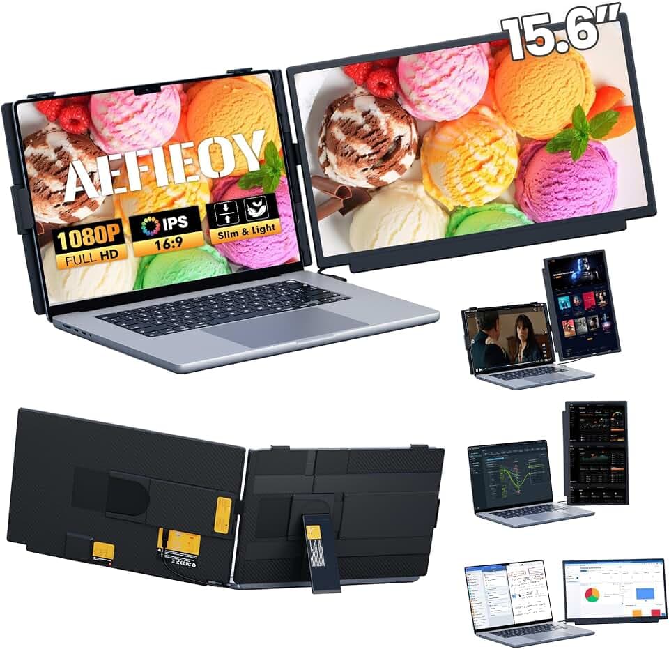 Upgraded Laptop Screen Extender, 15.6”Ultra-Thin Dual Portable Monitor with 1080P FHD IPS, Detachable & 4-in-1 Modes, USB-C/HDMI Plug-Play Monitor Extender for Mac/Win/Android, Fits 13-17" Laptops