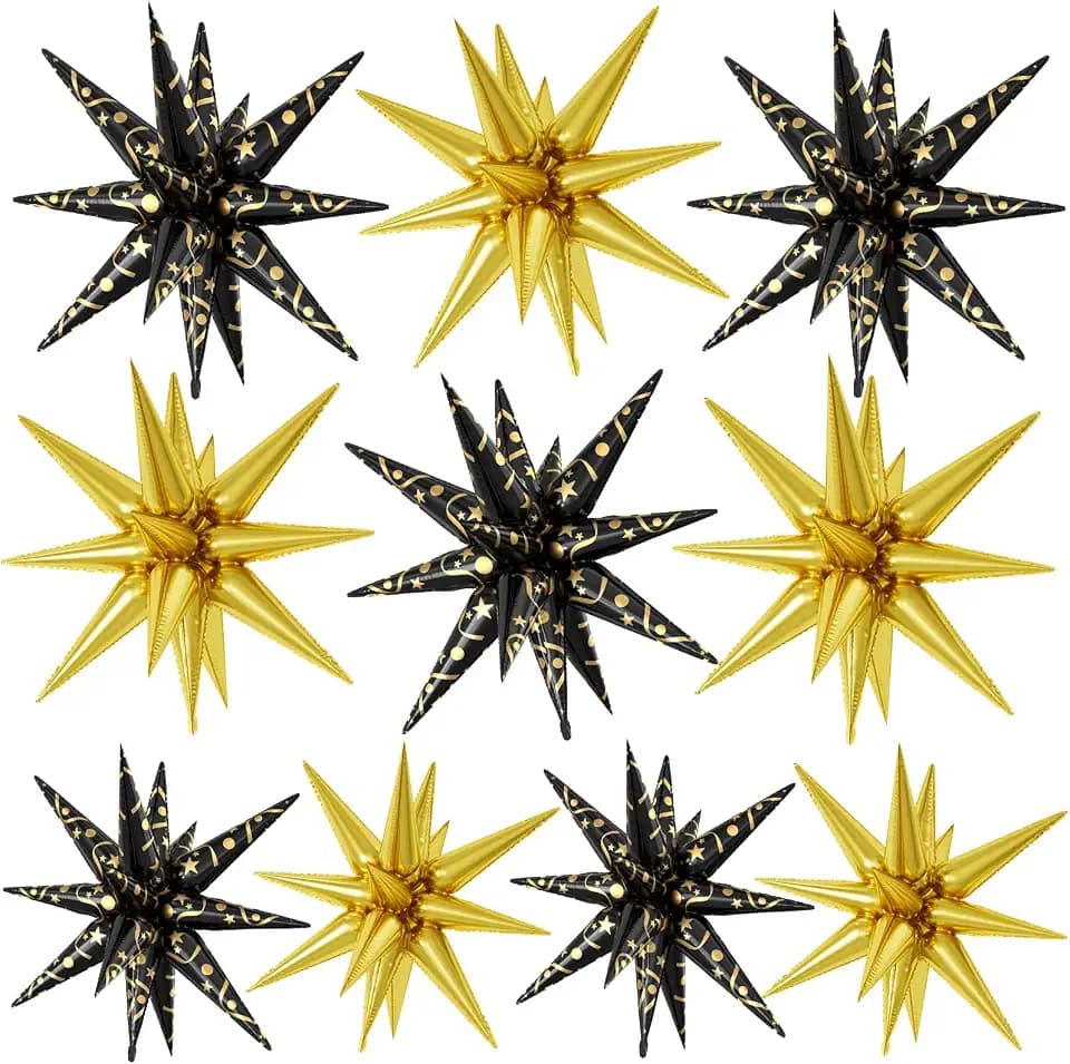 Black Gold Star Foil Balloons 10 Pcs 22Inch Large Black Gold Spike Cone