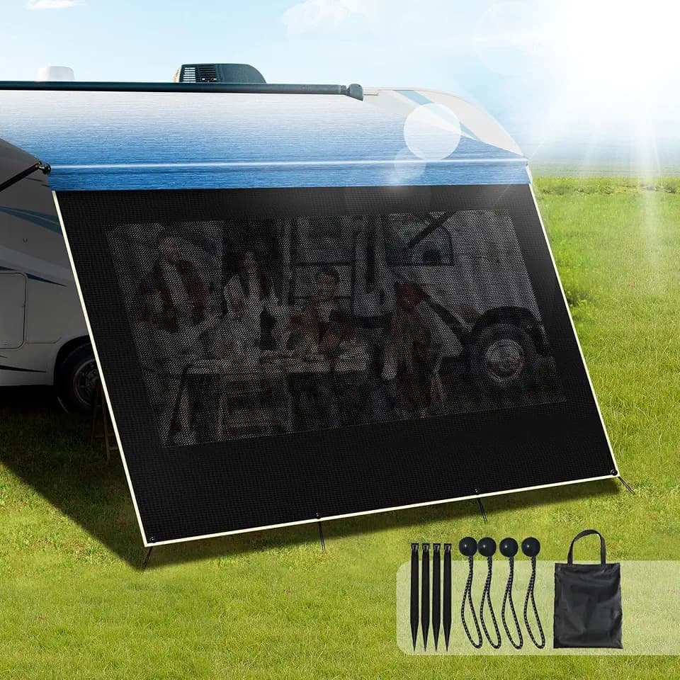 RV Awning Sun Shade Screen, 90% UV Blocking Mesh & 600D Waterproof Oxford Fabric, Retractable RV Shade Screen for Campers, Trailers, Motorhomes (No Curtain, 8'X15'3'' for 16 ft Awning)