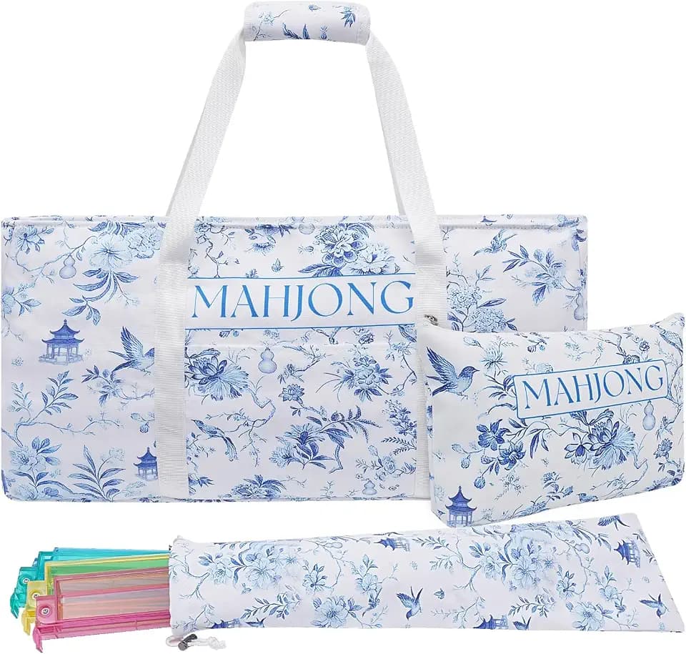 American Mahjong Bag Set, 3-Piece Portable Travel Tote Bag for Mahjong Tiles & Push Racks, Empty Canvas Mahjong Bags with Padded Handle, 23.6 x 3.5 x 11.8 Inches (Blue Floral, Empty Bags Only)