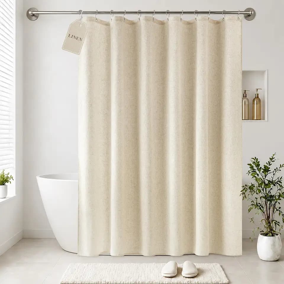 Jowels Beige Linen Fabric Shower Curtains for Bathroom, 72x84