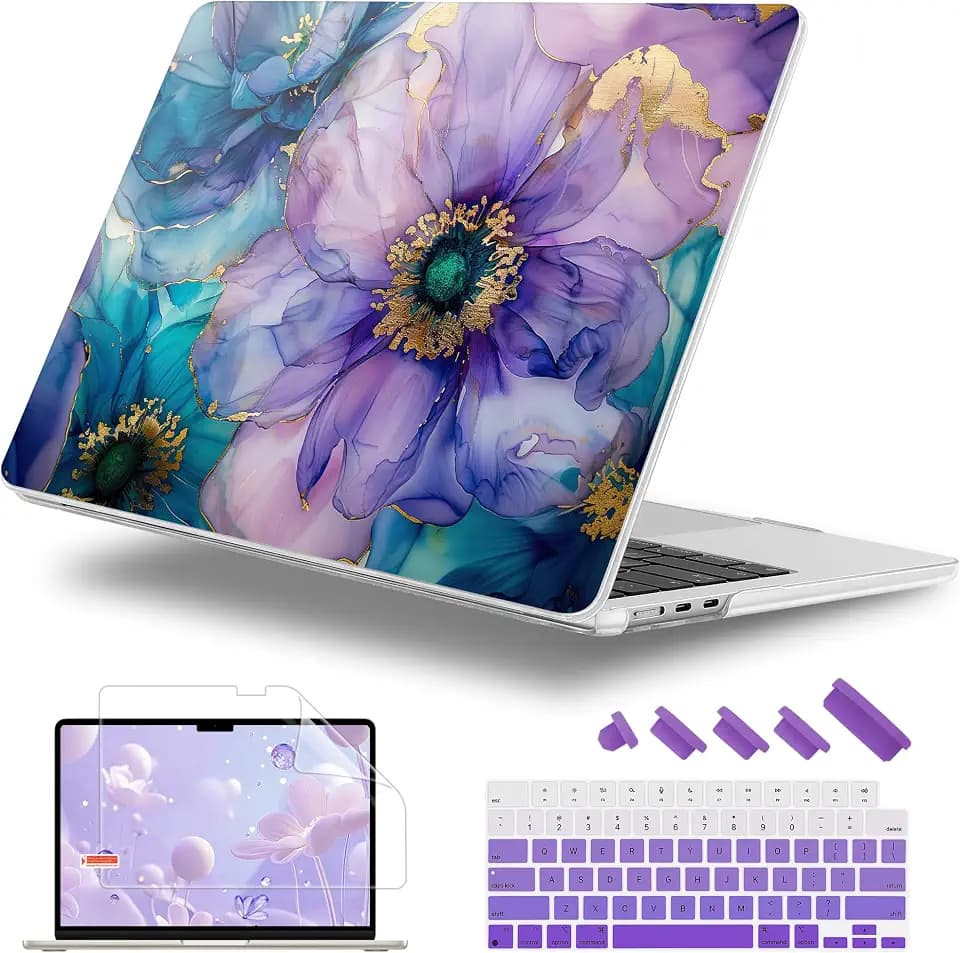 for 2026 MacBook Air 13-inch Laptop Case M5 2026 M4 2025 M3 2024 M2 2022 Release Model A3449 A3240 A3113 A2681, Plastic Hard Shell Cover for MacBook Air 13.6 inch, Fluid Art Flowers