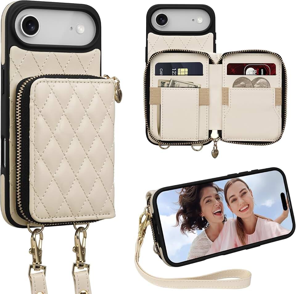 Case for iPhone Air 6.5'' Wallet Case, Crossbody Zipper Purse with Wrist Strap Lanyard Handbag, RFID Blocking Card Holders, Kickstand Flip Leather Cover for iPhone 17 Air, Beige