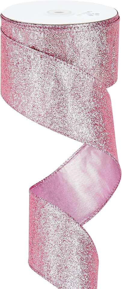 MEEDEE Light Pink Glitter Ribbon 2.5 Inch x 25 Yards Wired Metallic Ribbon, Thick Pink Ribbon for Gift Wrapping, Wreaths, Bows, Garland, Party Decoration, Craft DIY