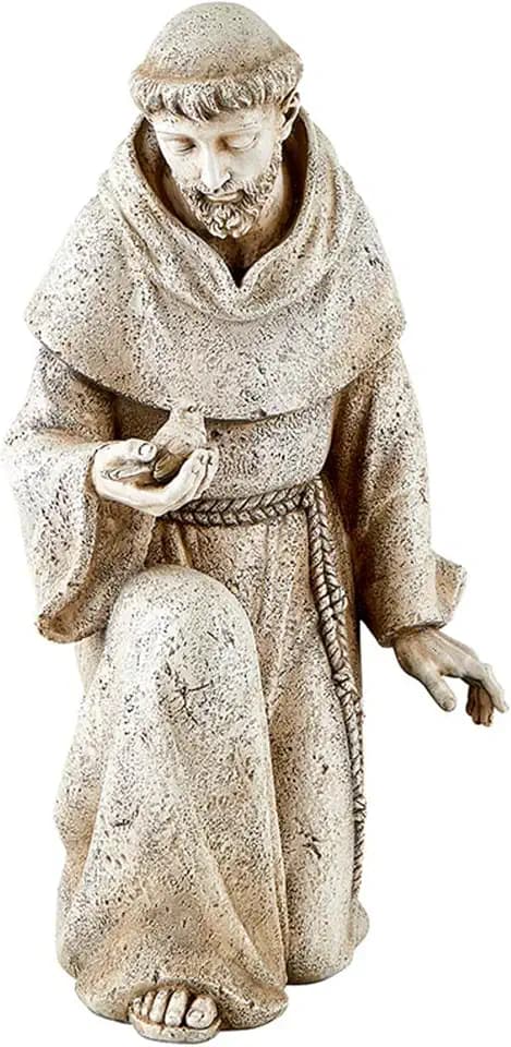 Avalon Gallery Gartenstatue – Heiliger Franziskus von Assisi Steinharz für drinnen und draußen, katholische Skulptur, 36,8 cm hoch, kniend mit Vogel