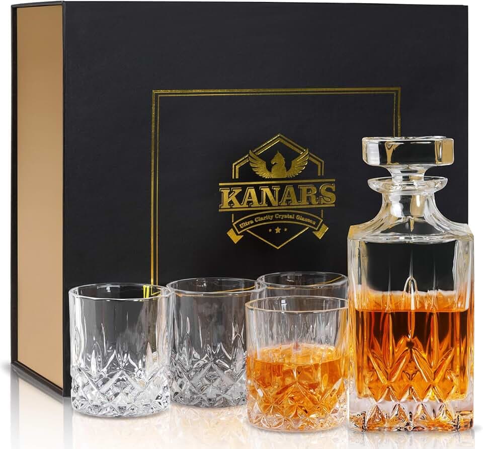 KANARS 5 Teiliges Whisky Karaffe und Gläser Set, Bleifrei Kristallgläser, 750 ml Whiskey Dekanter mit 4x 300 ml Gläser für Scotch, Cognac, Martini, Whisky, Schöne Geschenkbox