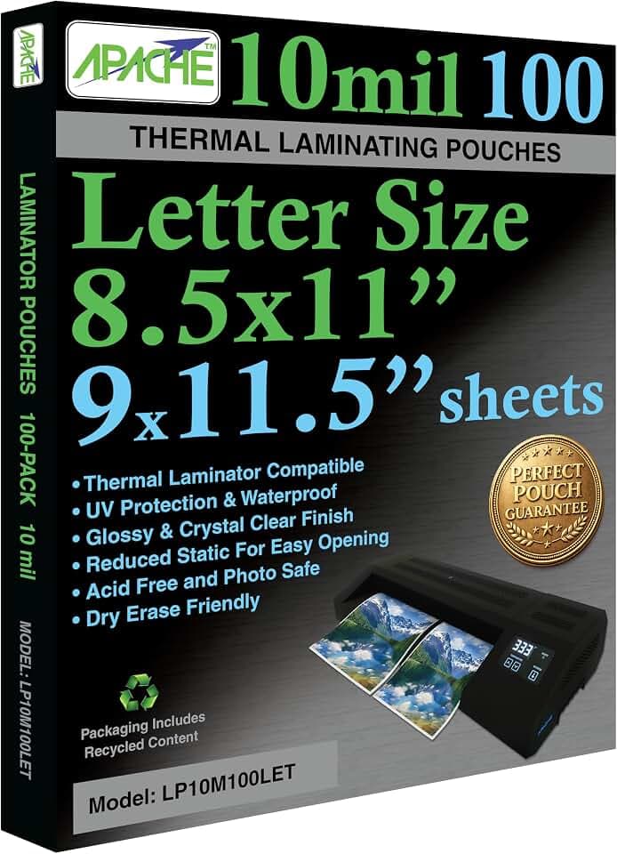 Apache Letter Size Laminating Pouches, 10 Mil, 100 Pack, Holds 8.5 x 11 Inch Projects (9 x 11.5 Inch Pouch Size), Thermal Laminator Compatible Laminating Sheets, Super Clear, Round Corners