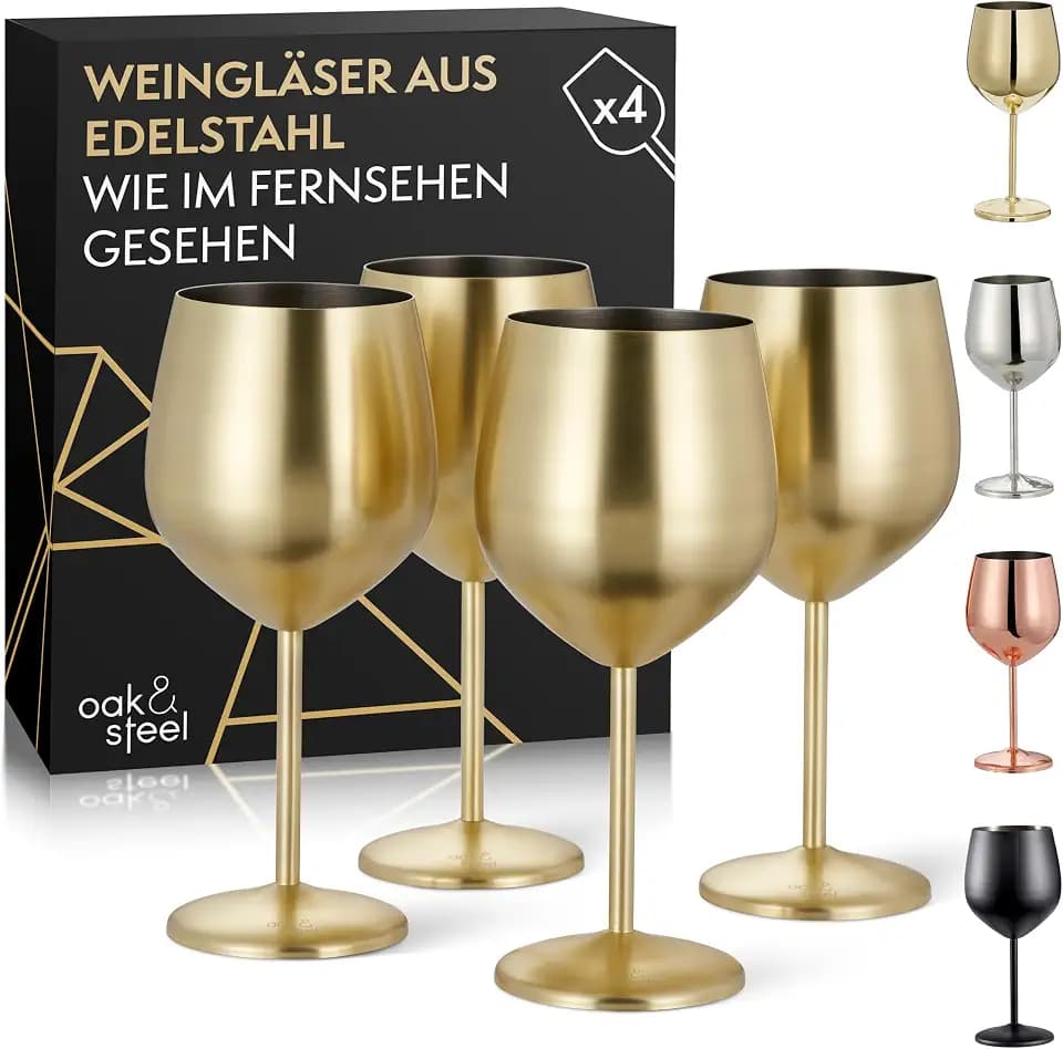 Oak & Steel - 4 Edelstahl Weingläser (540ml) - Gold Matte - Robust & Unzerbrechlich - Geschenkset für Geburtstage, Hochzeiten & Weihnachten
