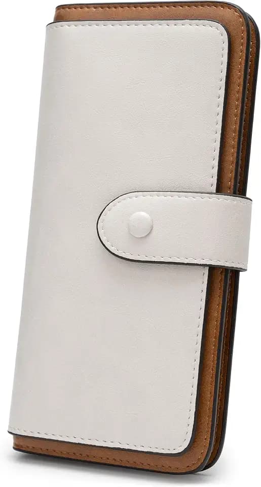 Alldaily RFID Blocking Leather Wallet for Women, Slim Trifold with 14 Card Slots and Zipper Pocket (White&Brown)