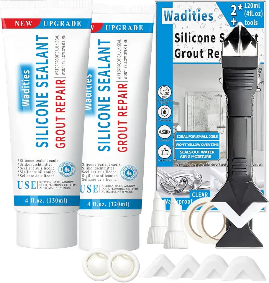 8oz Durchsichtig wasserdichtes Silikondichtmittel, Wadities Fliesenfugenreparaturset mit Fugenspachtel, schrumpfen & rissfest für Bad, Dusche, Küche, Boden (4Oz, 2er Pack)