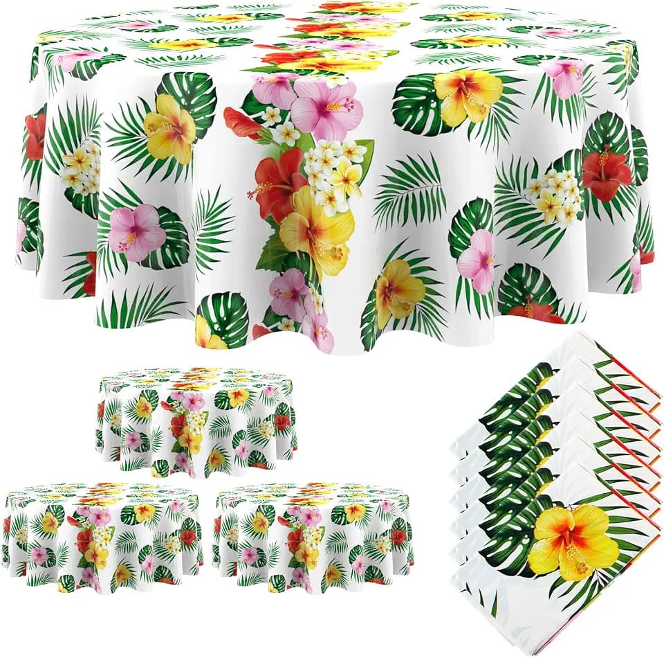 Oudain 6 Pcs Hawaiian Round Tablecloth Plastic 84 Inch, White