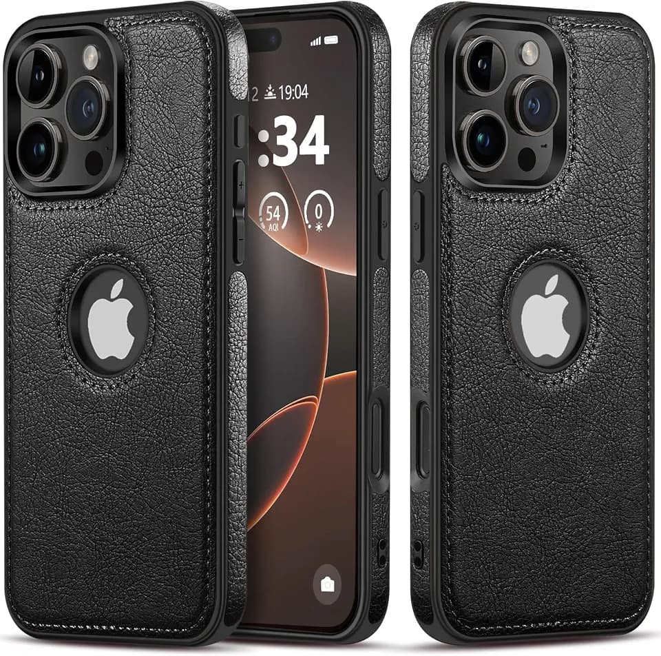 Unique Design Luxury Leather Business Phone Case for iPhone 16 Pro Anti-Slip Scratch Resistant Ultra Slim Protective Case (2024,6.3”) (Black)