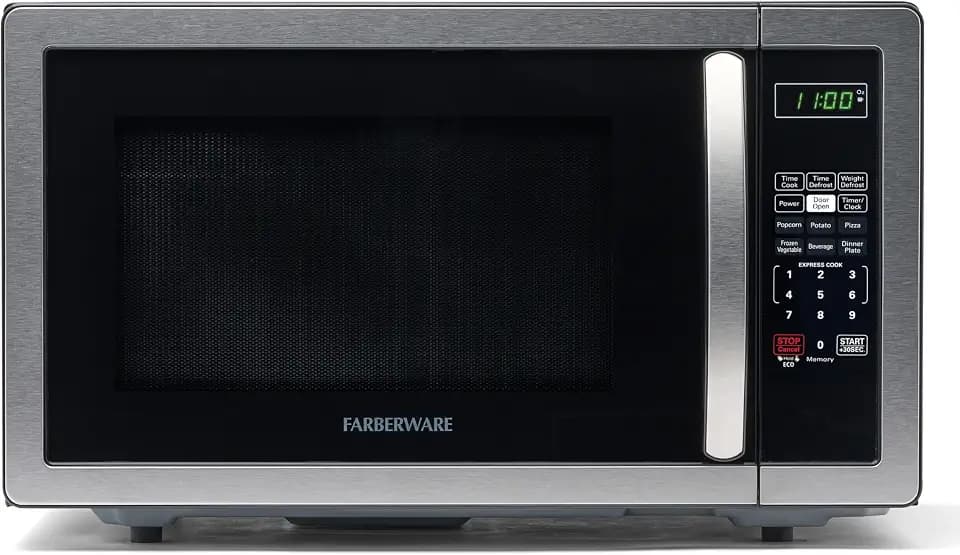 Farberware 1.1 Cu. Ft. Countertop Microwave Oven – 1000 Watts Power, Auto Cook Settings, Defrost, Easy Clean and Child Safety Lock - Stainless