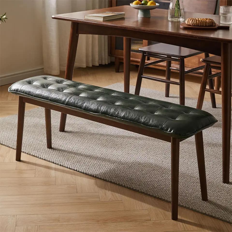 Eingangsbank, Esszimmerbank aus Massivholz, Mid-Century Bank für das Ende des Bettes mit gepolstertem PU-Ledersitz, Schlafzimmerbank, 120 cm L x 32 cm B x 45 cm H （Grün）