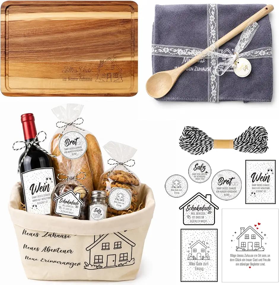 Einzugsgeschenk Set Brotbeutel Set mit Akazienholz Schneidebrett Brottasche