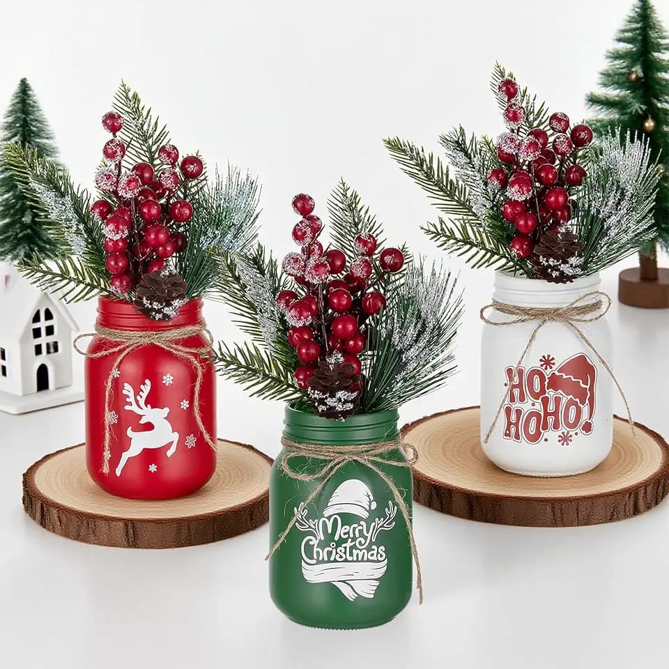 Hewory 3er Kleine Vasen Set mit Rote Beeren für Weihnachtsdeko Innen