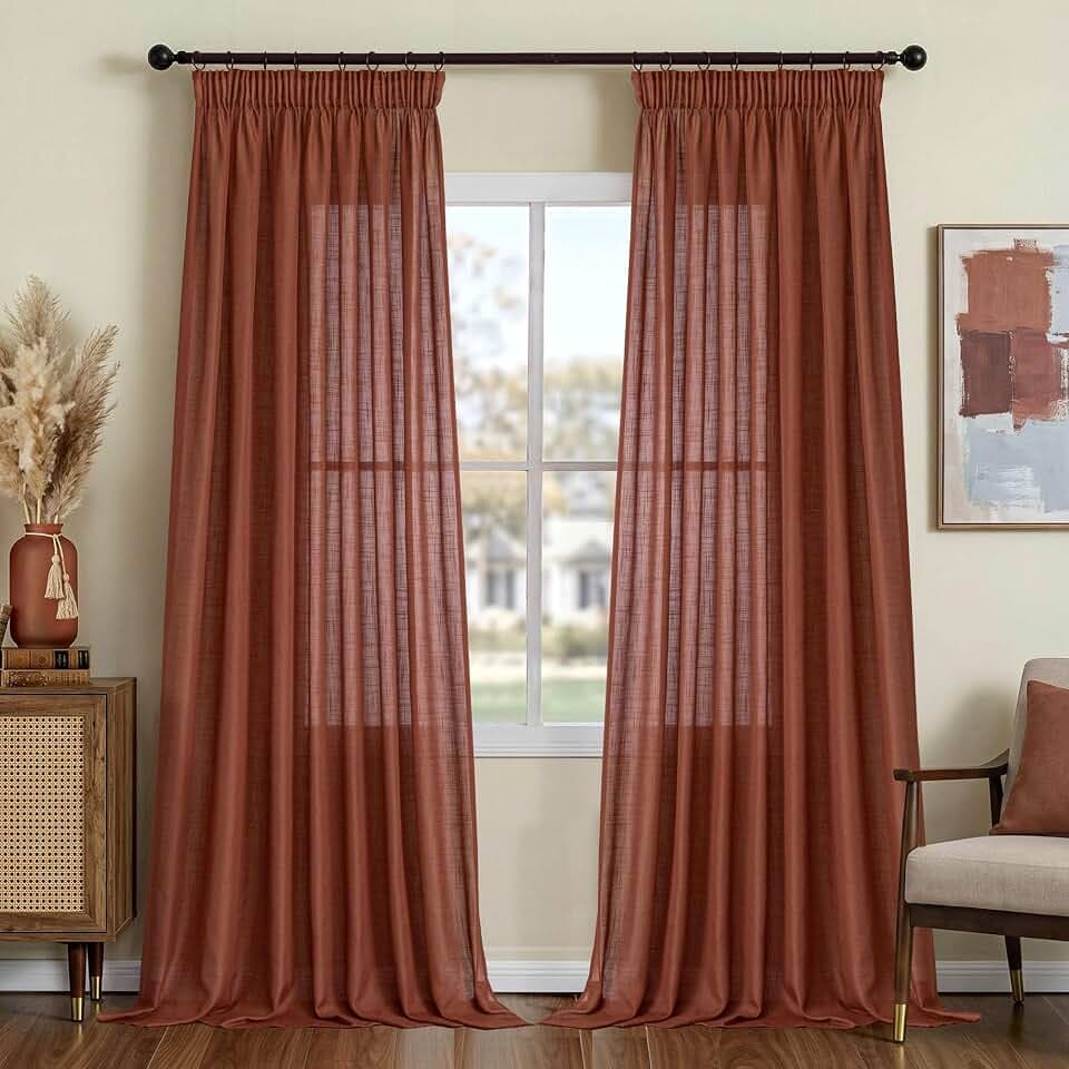 Terracotta Vorhänge Leinen Kräuselband-Vorhang Ziegelrot Herbst Vintage Gardinen Esszimmer Schlafzimmer Wohnzimmer Modern für Schienensystem Halbtransparent Lichtdurchlässig Boho 140x225 cm 2PCS