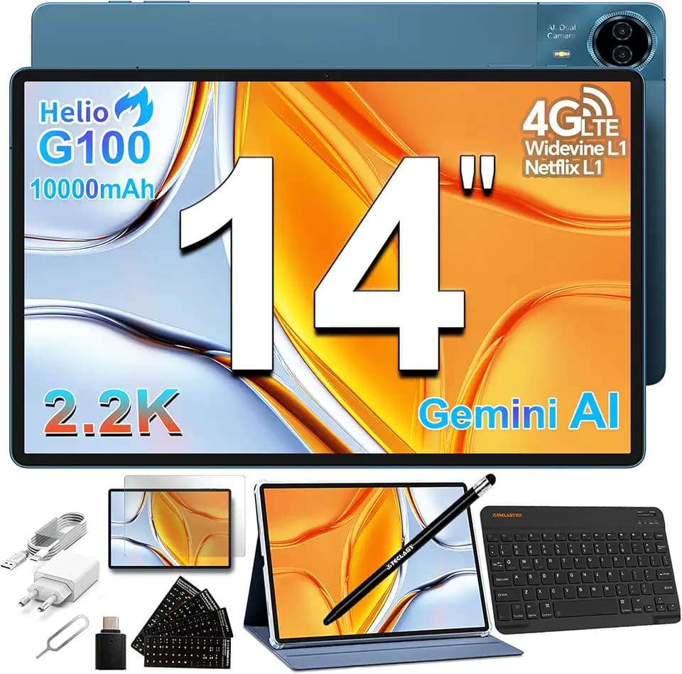 TECLAST T70 Tablet 14 Zoll 2.2K Gaming Tablets, Helio G100 2.2GHz Octa-Core, 10000mAh/18W PD, 20GB RAM+128GB(8TB TF), 4G LTE Dual SIM, Widevine L1, GPS, 13MP, Gemini AI Tablet mit Tastatur+Stift+Hülle