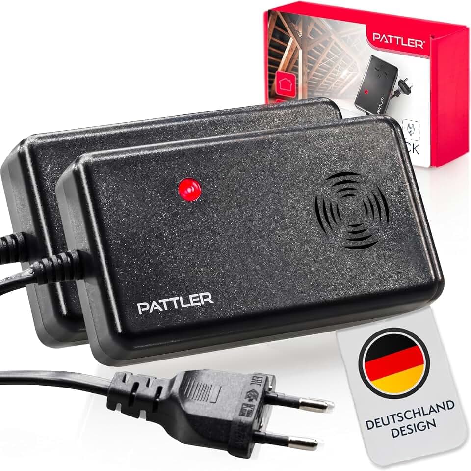 PATTLER Marderschreck Auto mit Stecker – Marderschutz & Marderabwehr Auto mit Ultraschall bis 60m² – Maderschrecker Haus für Garage Dachboden Keller Carport mit Anti Gewöhnungseffekt – 2 Stück