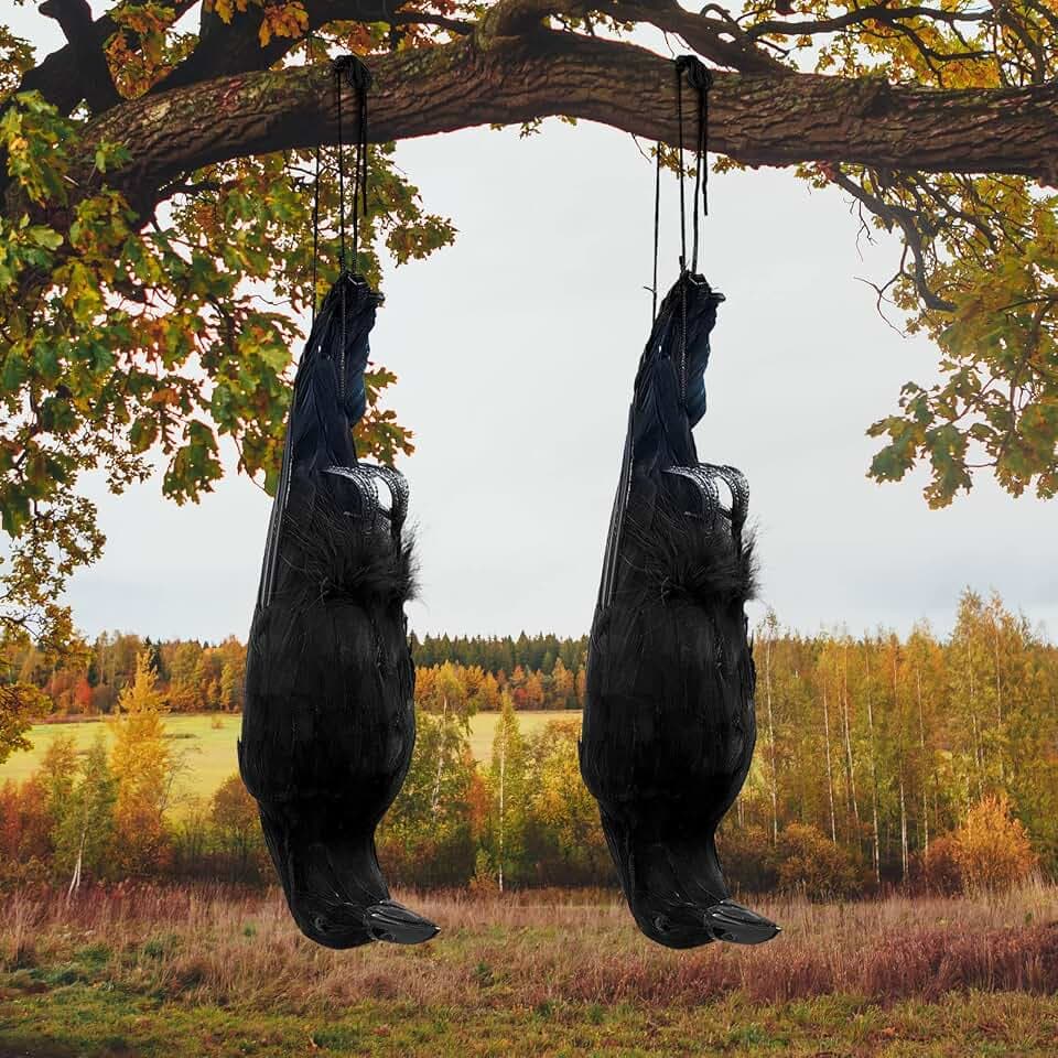 Lewtemi 2 Pcs 17 Inch Realistic Hanging Dead Crows Decoy Life Size Black Feathered Crow Fake Black Crows for Garden Decorations