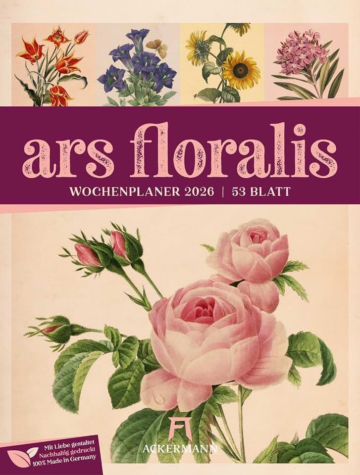 Ars Floralis Wochenplaner Kalender 2026 | Informativer Blumen-Wochenkalender im Hochformat (25x33 cm) | Vintage & Retro | Rätsel & Sudokus