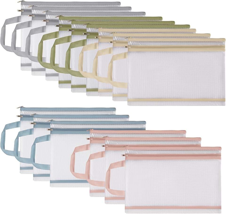 15 Pcs Mesh Zipper Pouch Bags, A4 Colored Zipper Pouch Double-Layer Nylon Puzzle Organizers and Storage Building Block Toy Board Game Storage Clear Pouch Bags for School Office & Home(5 Colors)
