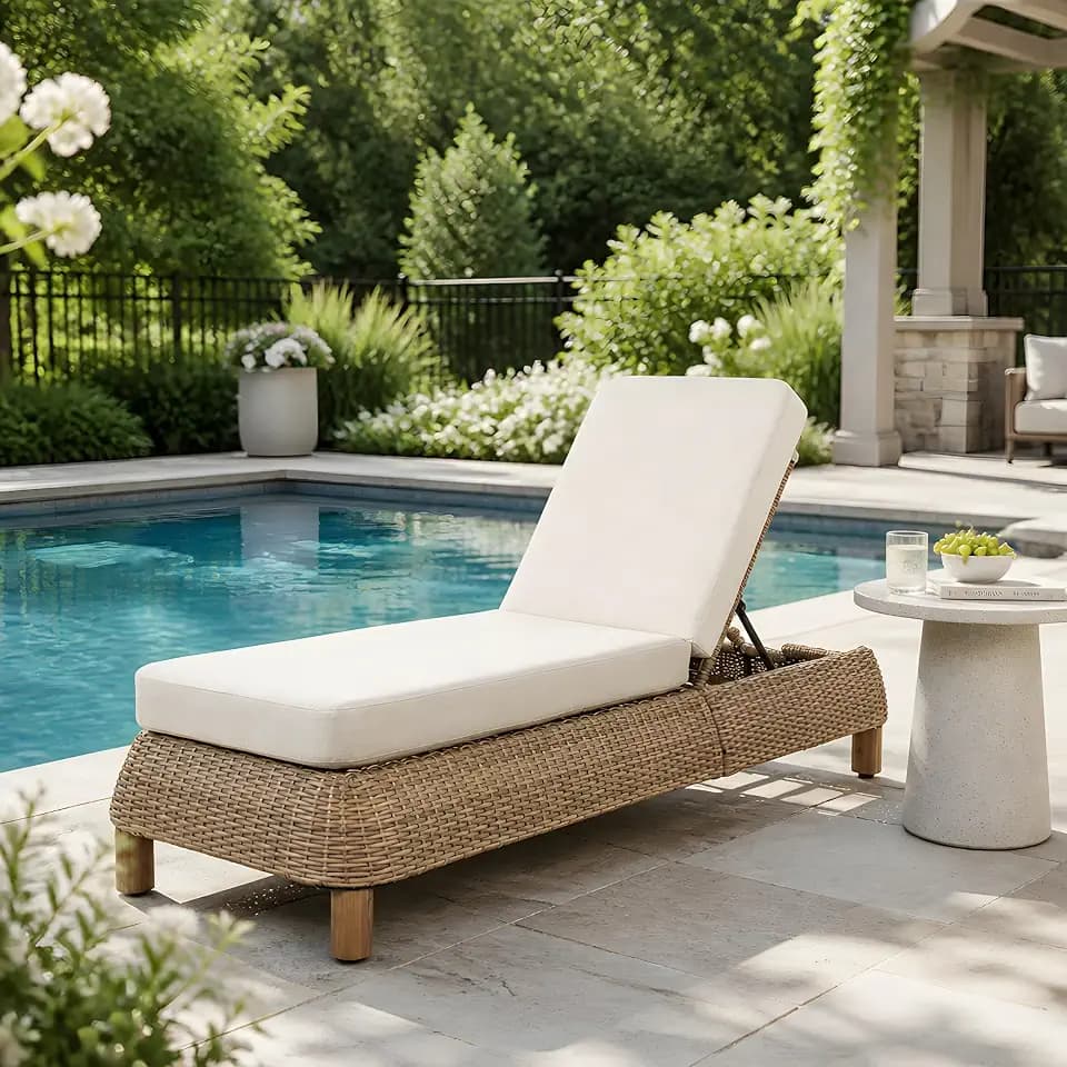 Merax Outdoor Adjustable Wicker Lounge Chair with 5" Thick Two-Fold Cushions, Patio Handwoven Rope Chaise Lounge with Sturdy Wood Legs for Patio Poolside Garden, All-Weather, Brown+ Beige