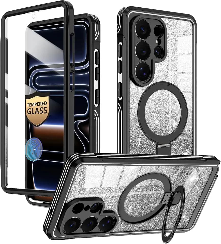 for Galaxy S26 Ultra Case,[Magnetic Stand][Fit for MagSafe][Glitter Card][Built-in 9H+ Screen Protector] Military-Grade Drop Proof Shiny Cover for Samsung Galaxy S26 Ultra,Black