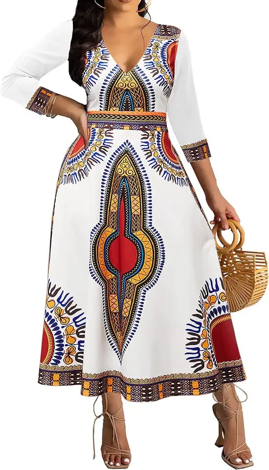 VisiChenup African Print Dress for Women Casual Midi Dress