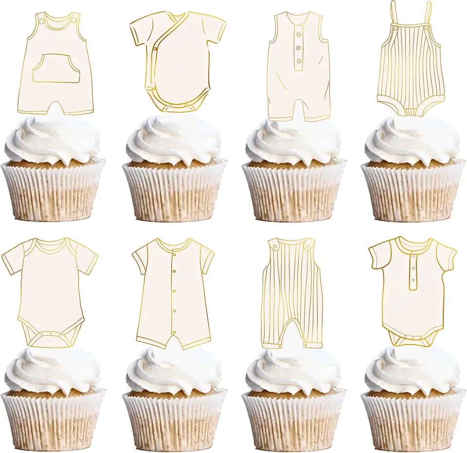 48Pcs Baby Shower Cupcake Toppers, 12 Designs Gender Neutral Baby Clothes Cake Decorations, Baby Shower Decorations for Gender Reveal Party Supplies