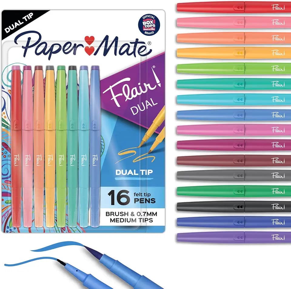 Paper Mate Flair DUAL Felt Tip Pens, Brush and Medium Tips, 16 Count - Journaling, Note-Taking, Hand Lettering