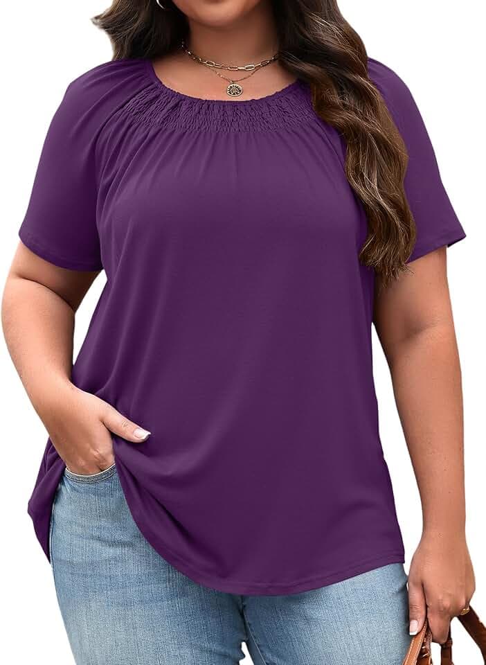 Micoson Womens Plus Size Tops Short Sleeve Crewneck Pleated Shirts (1X-5X)