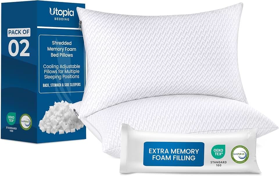 Utopia Bedding Shredded Memory Foam Pillows, Cooling Pillow, Queen, 2 Pack