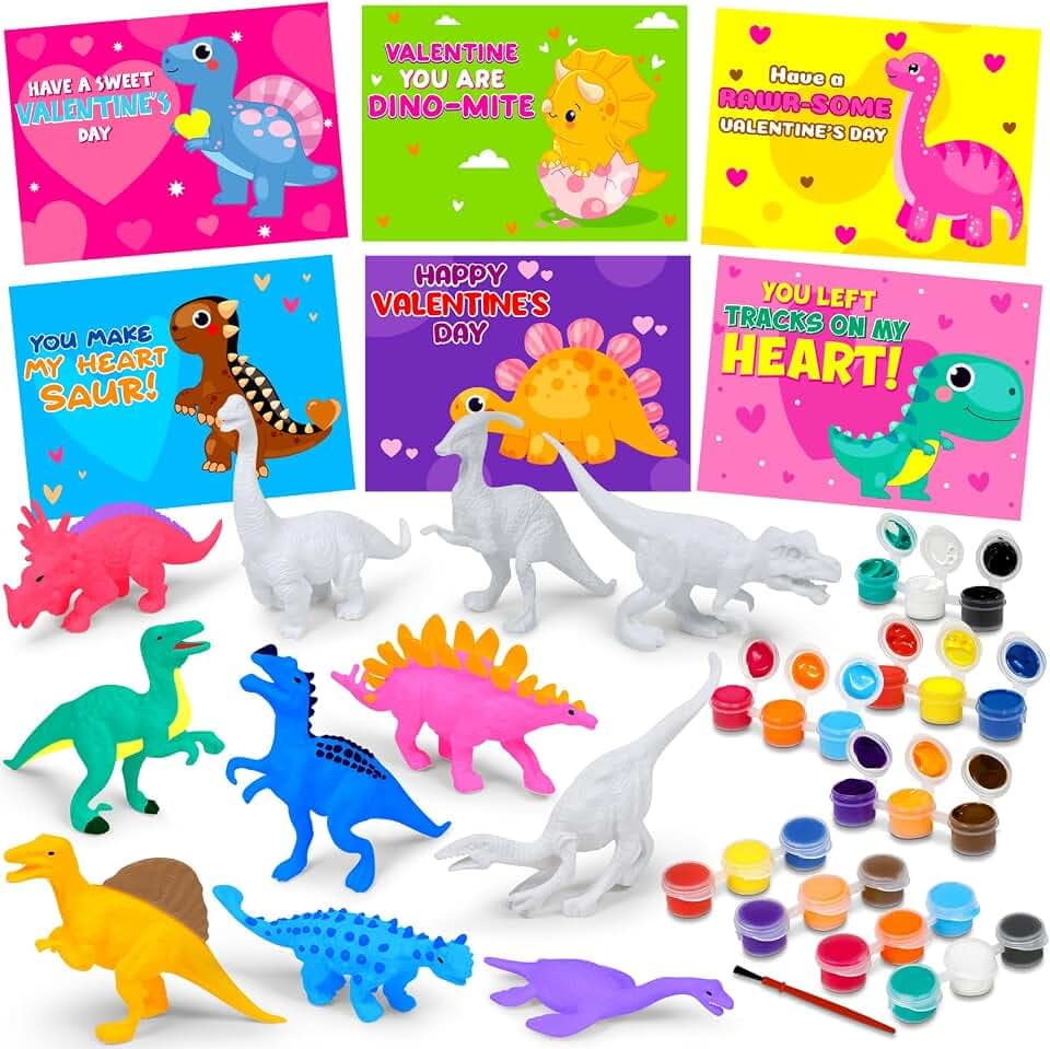 30PCS Valentine's Day Card Gifts for Kids Dinosaur Painting Set with Valentine Card PVC Dinosaur Figure Paint Crafts School Classroom Valentine Gifts Boy Girl Exchange Party Favors Goodie Bags for Kid