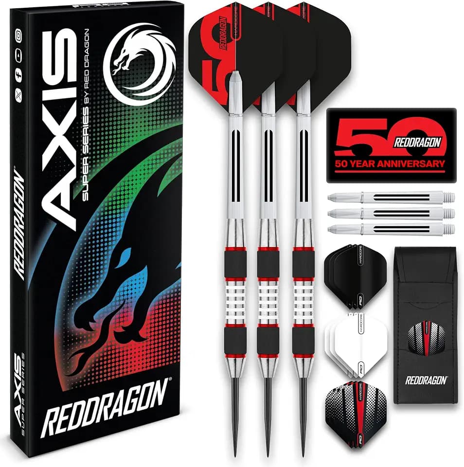 RED DRAGON Darts – Axis Series – 85% Wolfram - Profi Satz Dartpfeile Metallspitze mit Dart Flüge und Schäften - Erhältlich in Rot, Grün & Blau - Steeldarts 24g, 26g & 28g