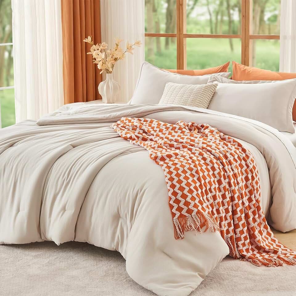 MUXHOMO Beige California King Comforter Set, All Season Ultra Soft Down Alternative Bedding - 3 Piece Lightweight Bed Set Includes 1 Comforter (104"x96") and 2 Pillow Shams (20"x36")