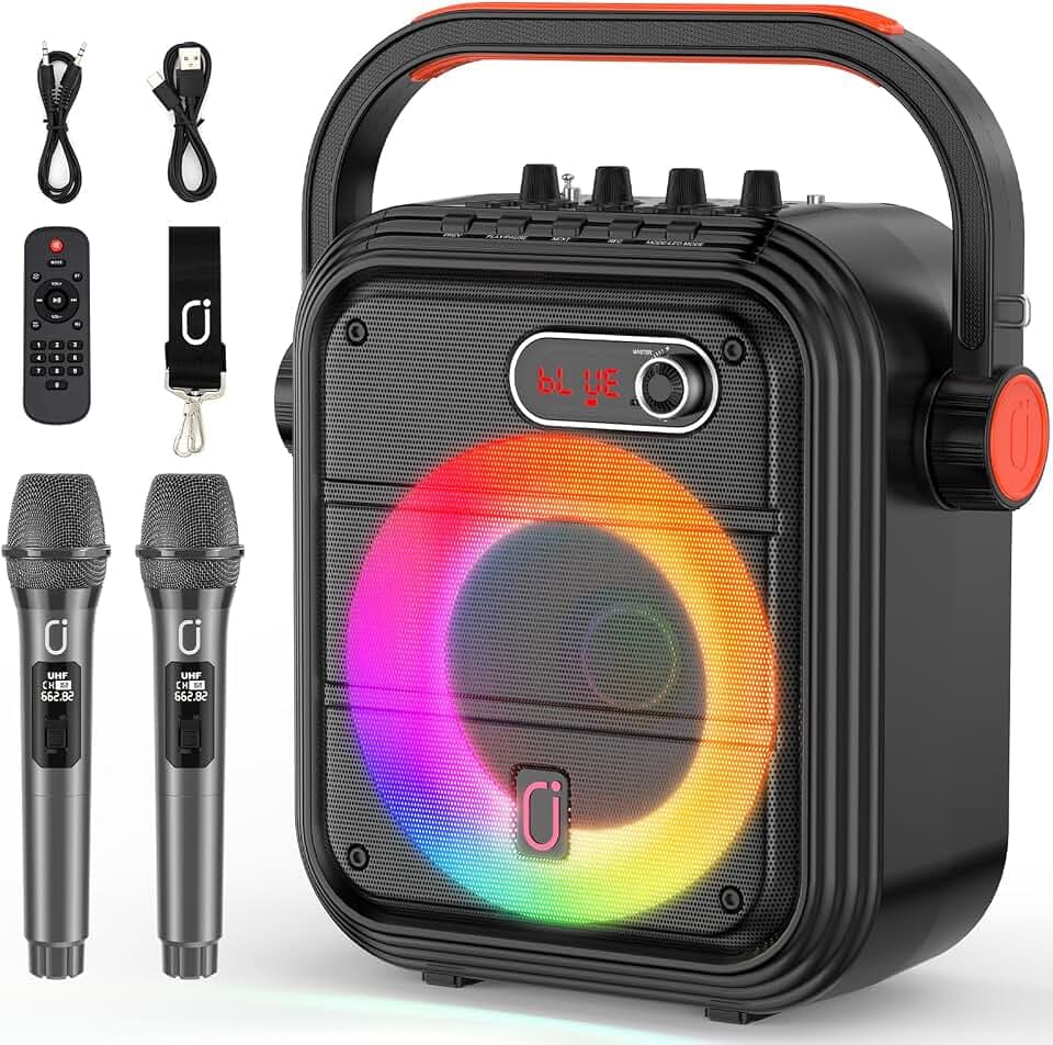 JYX Karaoke Maschine mit 2 kabellose Mikrofones, Tragbaren Bluetooth Lautsprecher mit RGB-Licht Unterstützt TF/USB, AUX,FM,Rec,TWS, Karaoke Anlage für Karaoke, Party, PA-System für Erwachsene/Kinder