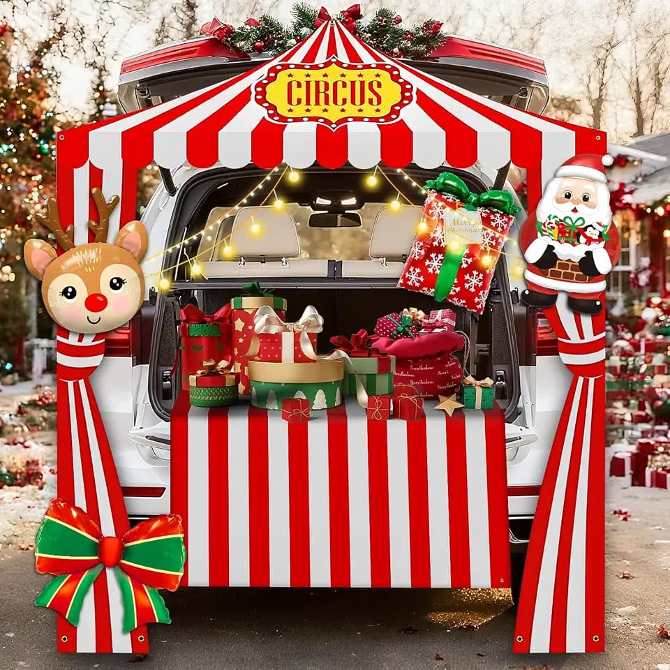 Bestview Carnival Trunk or Treat Car Decorations Kit for Halloween, Circus Theme Trunk Decor for SUV Van Truck, Red & White Stripe Backdrop, Reusable Trunk Decoration for Holiday Party & Events