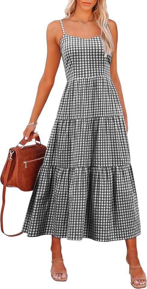 ANRABESS Womens Summer Striped Gingham Midi Dresses Casual Beach Sundress