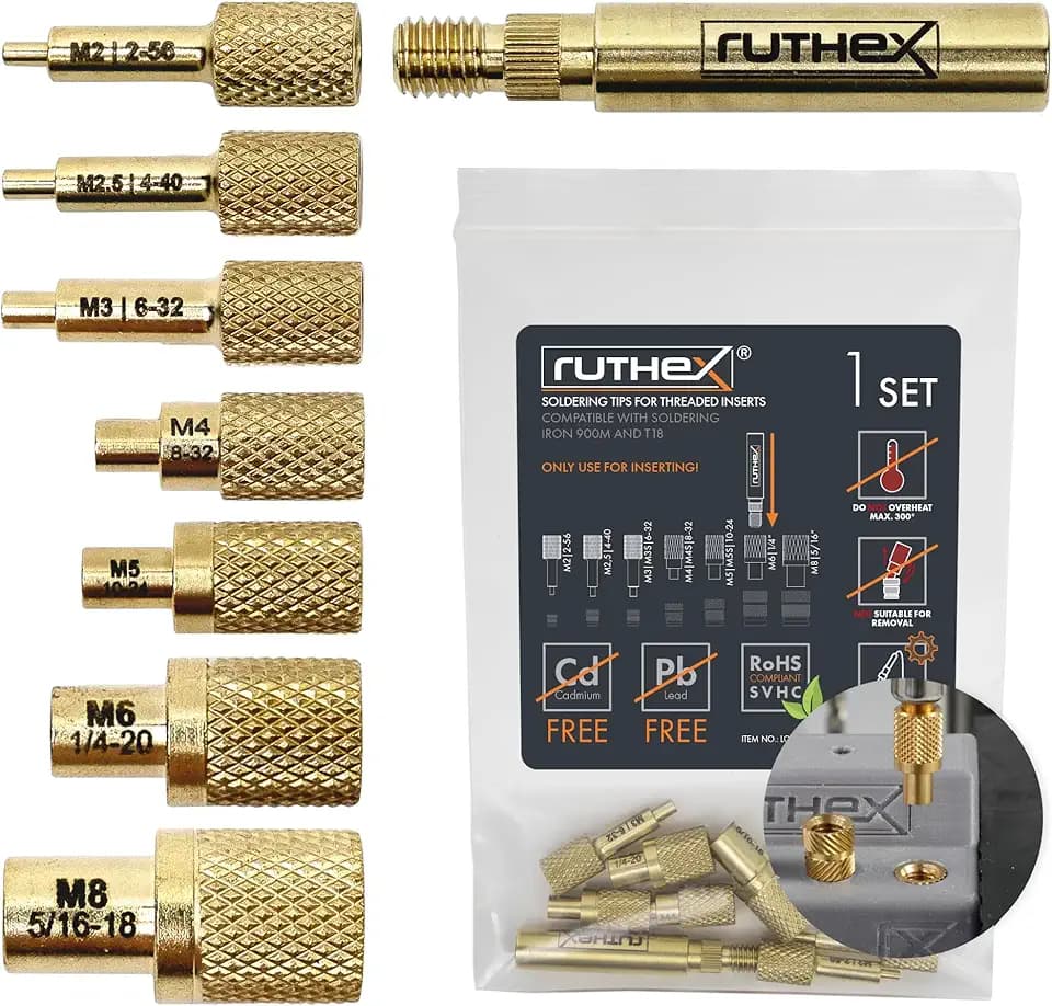 ruthex 7x Lötspitzen/Einschmelzhilfe Set - Lötkolbenspitzen für ruthex Gewindeeinsätze M2 / M2.5 / M3 / M4 / M5 / M6 / M8 - #2-56/ #4-40/ #6-32/ #8-32/ #10-24/1/4" mit Lötkolben Adapter 900M/T18