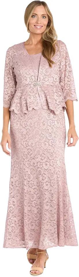 Long Glitter Lace Peplum Dress W/an Overlay Jacket & Rhinestone Buckle