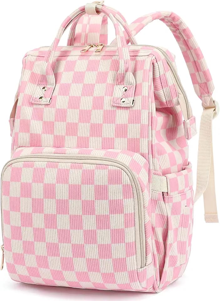 Baby Diaper Bag Backpack for Mom, Large Capacity Travel Nappy Bag for Boys & Girls with Stroller Straps (Corduroy Checkered Pink)